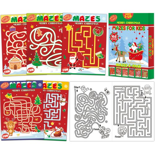 Wiooffen 168 Pages Christmas Maze Books for Kids Ages 3-8, 6-Pack- 6 Beginner Level Kids Activity Books Busy Books -Christmas Stocking Stuffer Gifts Children Amazing Maze Games Birthday Gifts Supplies
