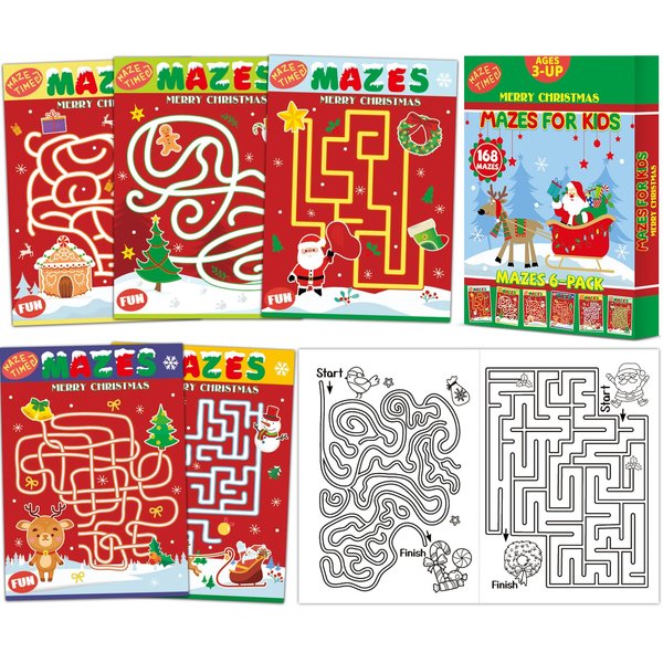 Wiooffen 168 Pages Christmas Maze Books for Kids Ages 3-8, 6-Pack- 6 Beginner Level Kids Activity Books Busy Books -Christmas Stocking Stuffer Gifts Children Amazing Maze Games Birthday Gifts Supplies
