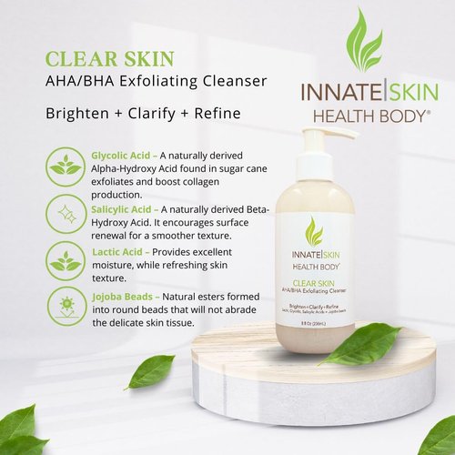 Clear Skin AHA BHA Exfoliating Cleanser Glycolic Acid, Salicylic Acid Cleanser, Jojoba Beads - Great for all skin types-8oz Pump aha bha cleanser