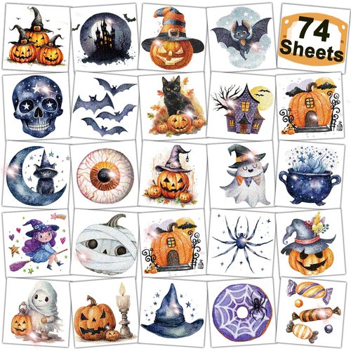 CHARLENT Glitter Halloween Temporary Tattoos for Kids - 74 Individually Sheets Glitter Halloween Pumpkin Bat Skeletons Tattoos for Boys Girls Halloween Party Favors Treats Goodie Bag Fillers