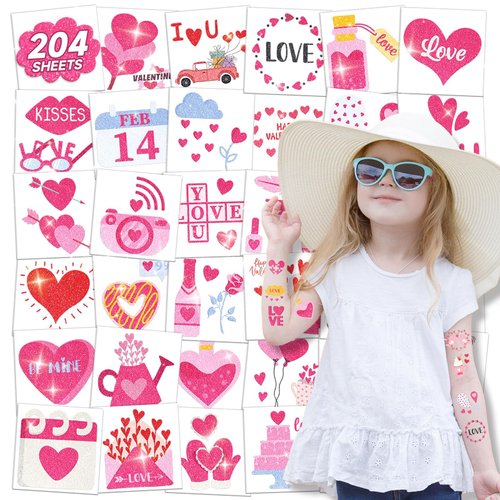 EMOME 204 PCS Valentine's Day Glitter Tattoos for Kids, Individually Wrapped Kids Tattoos Temporary for Girls, Cute Temporary Tattoos for Valentine's Day Accessories Party Decorations Favors Supplies