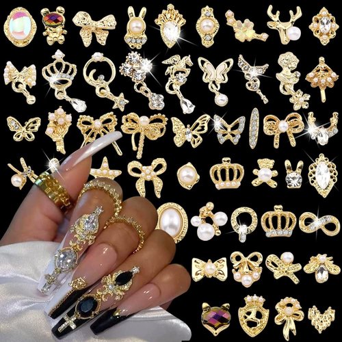 50pcs Random Gold Nail Charms Luxury Nail Rhinestones Nail Gems 3D Alloy Flower Butterfly Nail Ar...