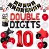 10th Birthday Decorations for Boys Red and Black Double Digits Birthday Party Supplies 10 with Double Digits Foil Balloons Hanging Swirls Happy Birthday Cake Topper Banner for 10 Years Old