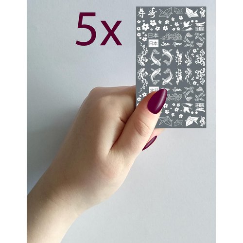 Nail Stickers Decals (5 Sheets) FLONZNAIL White Line Japanese Motifs and Imagery Paper Cranes Koi Fish Nail Decor Transfer Vintage Styled Stickers