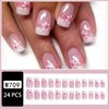 24Pcs French Tip Press on Nails Short Square Fake Nails Pink Flower Full Cover Tip Glue on Nails Design Nail Art Supplies Artificial Nude Pink False Nails Stick on Nails for Women Girls Acrylic Nails