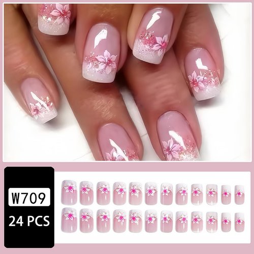 24Pcs French Tip Press on Nails Short Square Fake Nails Pink Flower Full Cover Tip Glue on Nails Design Nail Art Supplies Artificial Nude Pink False Nails Stick on Nails for Women Girls Acrylic Nails