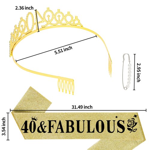 YARIEW Gold Crown + 40 & Fabulous Birthday Sash + Pearl Pin Set, 40th Birthday Decorations, 40th Birthday Gifts for Women, 40th Birthday Party Favor