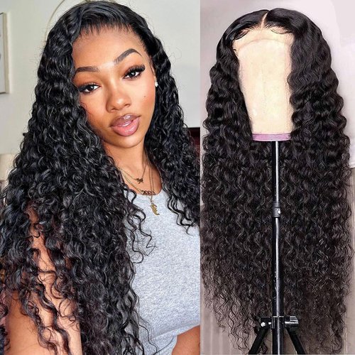 mogge Deep Wave Lace Front Wigs Human Hair 13x6 HD Transparent Lace Frontal Wigs 28 Inch Glueless 180% Density Curly Wigs Human Hair Pre Plucked with Baby Hair for Women Natural Black
