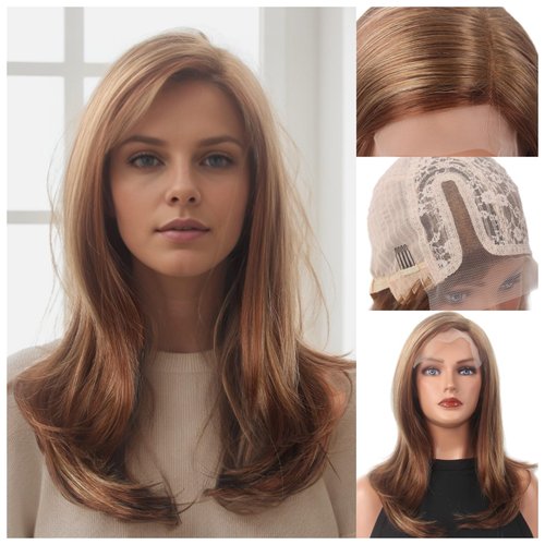 STfantasy Brown Highlight Natural Wave Short Women Lace Front Synthetic Wigs 6X4X0.5 T-Part Lace Wig Middle Length Lace Wigs with 180 Density Side Part Synthetic Hair for Womens Ladies Daily Used