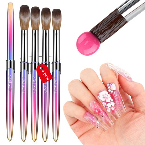 Saviland 4pcs Acrylic Nail Brush Set - Size 10/12/14/16 Acrylic Brushes for Nails, Gradient Handle Professional Acrylic Nail Brushes for Acrylic Powder Application, Nail Extension & 3D Nail Carving