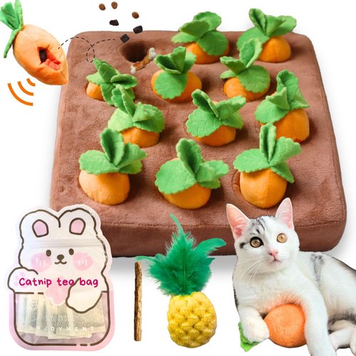 CECE PAW Carrot Catnip Cat Toys, Interactive Feather Cat Toys for Indoor Cats, Cat Puzzle Toys for Boredom and Mental Stimulation, 12 Squeaky Carrots with Treat Pockets and 12 Catnip Tea Bags