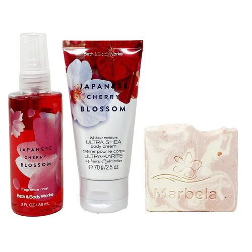 Bath & Body Works Japanese Cherry Blossom - Duo Set Travel Size - Fine Fragrance Mist and Body Cream With a Himalayan Salts Springs Sample Soap.