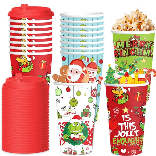 24 Pack Christmas Party Favors Goodie Cups, Christmas Birthday Party Cups with 4 Designs, 16OZ Reusable Plastic Christmas Party Supplies Decorations Favors Cups with Lids Plugs for Boys Kids Girls