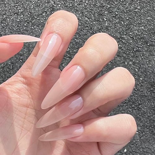 BABALAL Long Stiletto Press on Nails Nude Pink Fake Nails Glossy Glue on Nails 24Pcs False Nails Almond Manicure Acrylic Nails for Women and Girls