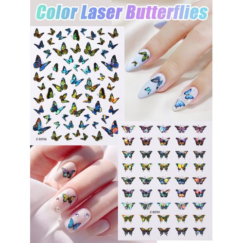 TOROKOM 12 Sheets Butterfly Nail Art Stickers Decals, 3D Self-Adhesive Nail Decals Butterfly Designs Nails Supplies Butterfly Stickers for DIY Colorful Laser Butterflies Nails Manicure Decor