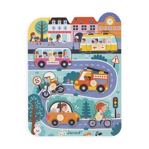 Janod - Babies’ Wooden Puzzle - 6 Pieces with Pegs - City Theme - Recessed Puzzle - Early-Learning Toy - 18 Months + J07106