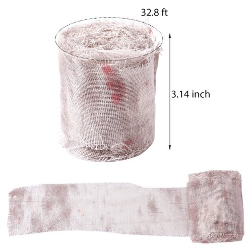 Preboun Halloween Mummy Bandage Wrap Bloody Gauze Zombie Makeup Props Creepy Costume Bandage Cosplay Party (65.6 ft X 3.94 Inch)