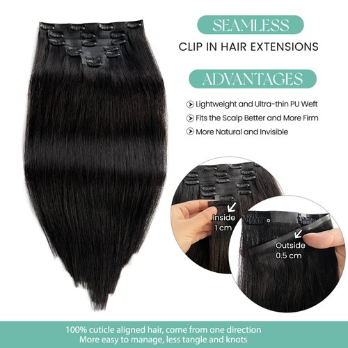 Seamless Clip in Hair Extensions Human Hair, Natural Black Hair Extensions Real Human Hair Clip ins Extensions 7pcs 80G 12 Inch, Ubetta Straight Remy Human Hair Extensions for Women