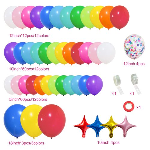 PERPAOL 146pcs Rainbow Balloons Garland Arch Kit, 12 Assorted Multicolor Balloons for Birthday Color Party Anniversary Festival Carnival Circus Decoration with Star Foil Confetti Balloons