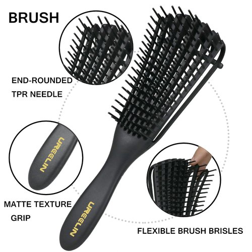 UREELIN Detangling Brush set,Detangler Hair Brush with Teasing & Edge Brush for Curly Hiar, Rat Tail Comb Alligator Hair Clips for 3a to 4c Kinky Wavy/Curly/Coily/Wet/Dry/Oil/Thick/Long Hair(Black)