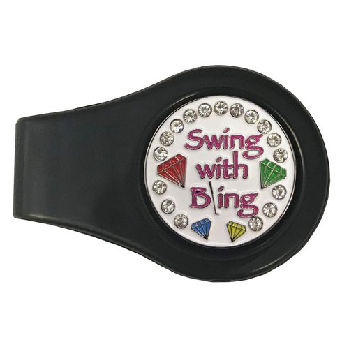 Giggle Golf Magnetic Colored Ball Marker Clip with A Bling Golf Ball Marker | Great Golf Gift for Women (Swing with Bling (Black))