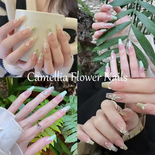 Sutaozhi Green French Tip Press on Nails Long Fake Nails with Camellia Flowers Design Spring Floral False Nails with Pearl Charms Acrylic Nails Nude Full Cover Glue on Nails Kit for Women Manicure Art