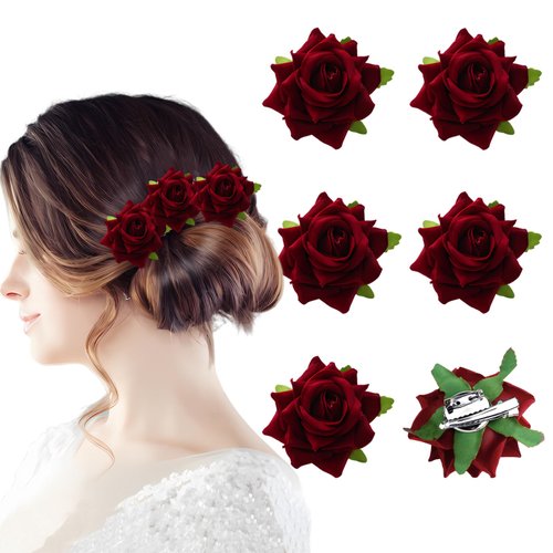 6Pcs Rose Hair Clips Rose Brooch Floral Clips Burgundy Rose Clips Floral Hair Clips for Women Wed...