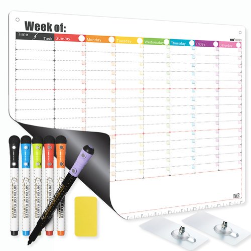 Magnetic Chore Chart for Adults & Kids Dry Erase Calendar for Refrigerator or for Wall - Weekly Whiteboard Planner Timetable to-Do List with Adhesive Hooks for Hanging 5+1 Marker Combo 1 Eraser