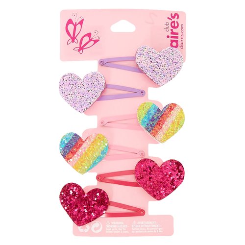 Claire's Club Glitter Heart Snap Hair Clips for Girls, Multicolor, Snap Clips, 6 Pack
