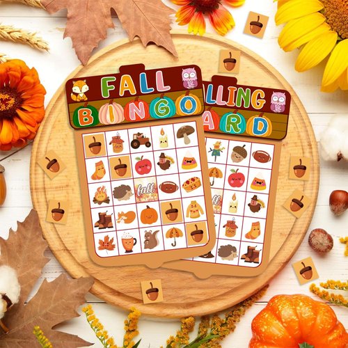 JUESMOS Fall Bingo Game for Kids Adults Fall Games Bingo Cards Autumn Party Games 24 Players Fall Bingo Harvest Game Fall Thanksgiving Game Supplies for School Classroom Family Activities Party Favors