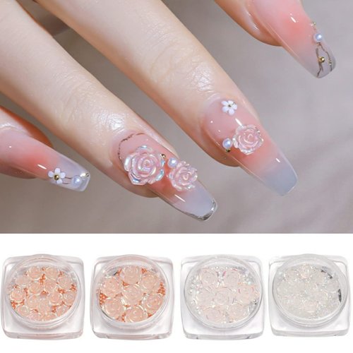 3D Flower Nail Charms 4 Boxes of Clear Rose Accessories with Pearls and Caviar Beads 2 Sizes Colorless to Light Change Red Pink for DIY Acrylic Nail Art Decorative Supplies