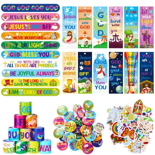 Frienda 170 Pieces Christian Party Favors for Kids Bible Verse Bookmark Religious Slap Bracelets ...