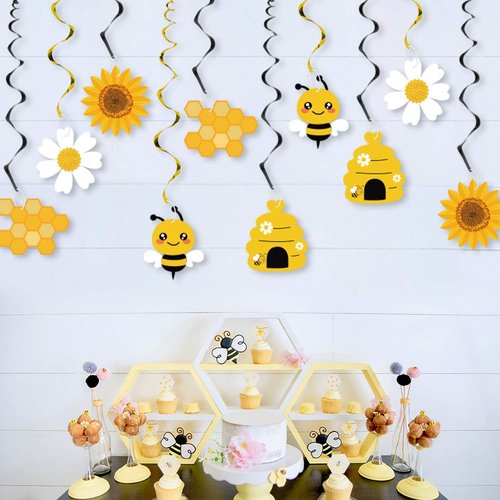 20PCS Bumble Bee Hanging Swirl Decorations, Bee Party Hanging Swirls Foil Ceiling Streamers Honey Bee Themed Party Supplies for Kids Birthday Baby Shower Gender Reveal Bee Party Decoration
