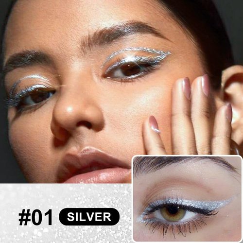 evpct 1Pcs Silver Pearl White Glitter Glittering Diamond Shimmer Liquid Eyeliner Eye Makeup Pencil Set, Sparkle Shimmer Colored Eyeliner Pen Waterproof Smudge Proof Long Lasting High Pigmented 01#