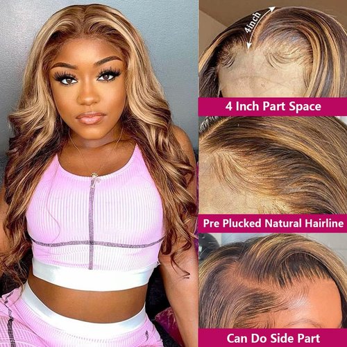 Veally Body Wave Highlight Lace Front Wigs for Black Women 13X4X1 HD Transparent Lace Front Wigs with Pre Plucked Natrural Hairline and Baby Hair for Women (Brown Mix Blonde)