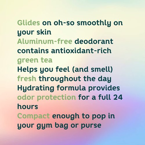 Aluminum free natural deodorant. With Green Tea. Dermatologist tested, baking soda free, oil free, non staining, non sticky. Clean and fresh scent providing protection up to 24 hours