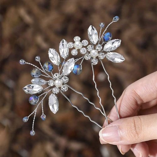 Jeairts Flower Rhinestone Hair Pins Pearl Bridal Hair Pieces Headwear Blue Beads Wedding Headpiece Hair Dress Crystal Hair Accessories for Brides and Bridesmaids