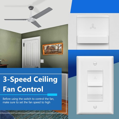 LIDER 3-Speed Fan Switch, Slider Switch for Fan, Ceiling Fan Control Switch, 120V, 2.5A Motor, Single Pole, Modern Upgrade, UL Listed, Wall Plate Included, White