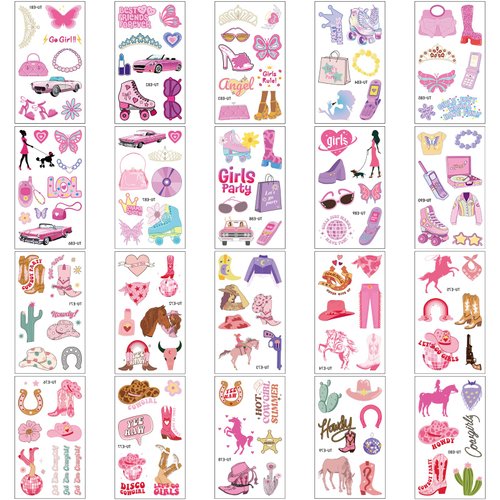 140 PCS Pink Temporary Tattoos, 20 Sheets Disco Cowgirl Tattoos and Princess Tattoos, Coquette Tattoo Stickers for Girls, Kids, Western and Cowgirl Party Decorations, Birthday Party Decorations