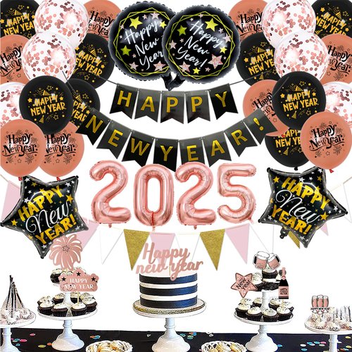New Years Eve Party Balloon Decorations 2025, Rose Gold Happy New Year Decorations, Happy New Year Banner, 16inch 2025 Foil Balloons, 18inch Star & Round Foil Balloons, Latex Confetti Balloons