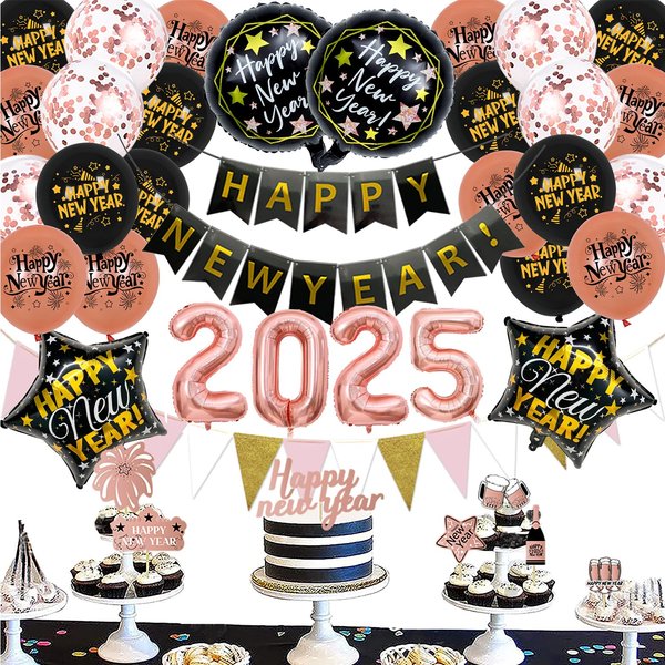 New Years Eve Party Balloon Decorations 2025, Rose Gold Happy New Year Decorations, Happy New Year Banner, 16inch 2025 Foil Balloons, 18inch Star & Round Foil Balloons, Latex Confetti Balloons