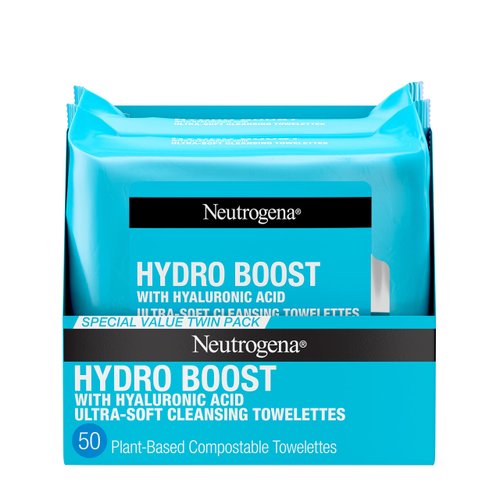 Neutrogena Hydro Boost Facial Cleansing Towelettes + Hyaluronic Acid, Hydrating Makeup Remover Face Wipes Remove Dirt & Waterproof Makeup, Hypoallergenic, 100% Plant-Based Cloth, 2 x 25 ct