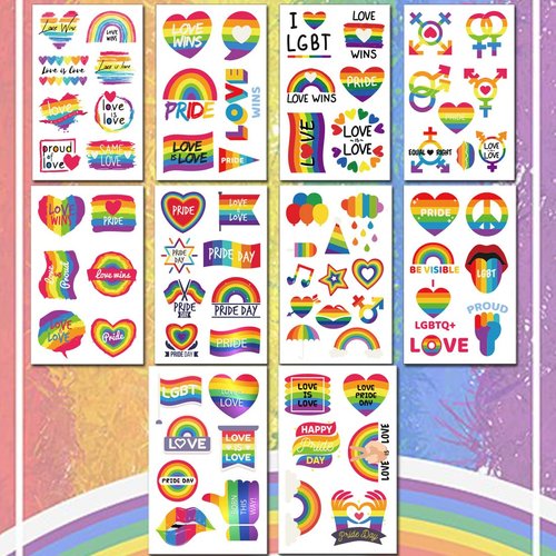 Ooopsiun 80 Pcs Rainbow Temporary Tattoos -10 Sheets Pride Tattoos Flower/Heart/Rainbow Tattoos for Pride Festivals