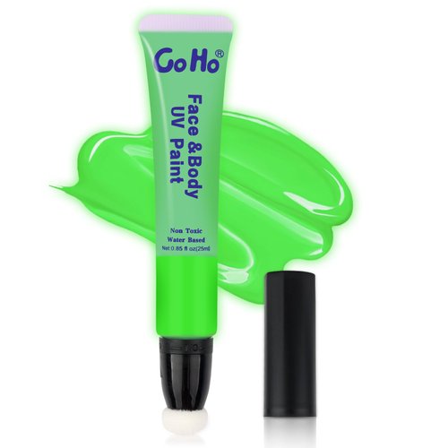 Go Ho UV Blacklight Neon Green Face Body Paint,Water Based Bright Color Neon Fluorescent Body Paint with Cushion Applicator,Glow In The Dark Under UV Lighting Party Neon Green Grinch Makeup Washable
