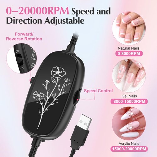JIASHENG USB Electric Nail Drill, Nail Drill Portable Electric Nail File for Acrylic Gel Nails, Professional Nail Drill Kit Manicure and Pedicure Kit with Nail Drill Bits for Home and Salon Use, Pink
