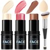 3Pcs Cream Contour Stick Makeup Kit, Shades with Highlighter Stick, Blush Stick and Bronzer Contour Stick for Sculpt the Cheeks, Long Lasting, Waterproof, Matte & Dewy Finish (LIGHT)