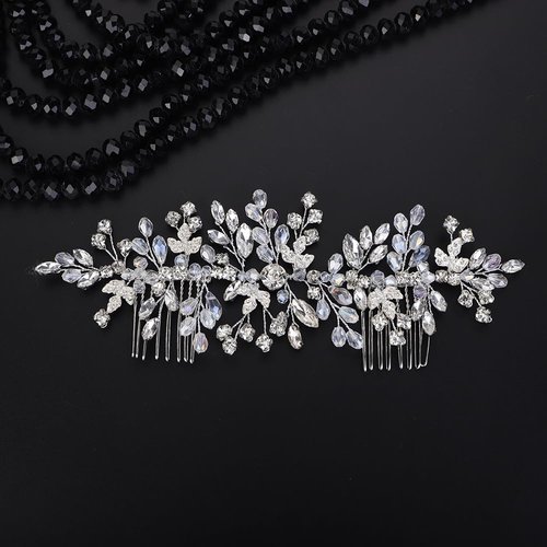 Teyglen Bride Wedding Rhinestone Hair Comb Bridal Crystal Headpiece Silver Crystal Wedding Headband with Comb Handmade Leaf Hair Piece Hair Accessories for Women Girls (Silver)