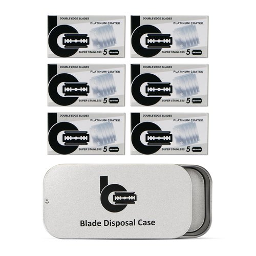 30 Count Safety Razor Blades (USA Stainless Steel, Platinum Coated), with 1 Razor Blade Bank, Metal Sliding Cover Safety Razor Blade Disposal Case, Compact Blade Disposal Container for Travel