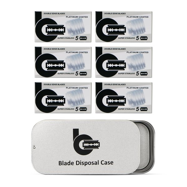 30 Count Safety Razor Blades (USA Stainless Steel, Platinum Coated), with 1 Razor Blade Bank, Metal Sliding Cover Safety Razor Blade Disposal Case, Compact Blade Disposal Container for Travel