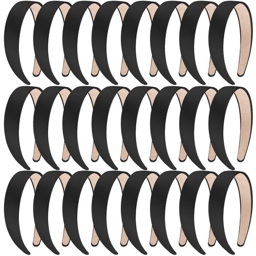 SIQUK 24 Pieces Black Satin Headbands 1 Inch Wide Headband DIY Plain Headbands Non-slip Headbands for Women and Girls